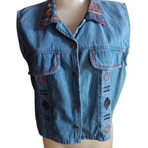 Small Vintage 90's Capacity Womens Denim Vest Embroidered Aztec Colorful Collar